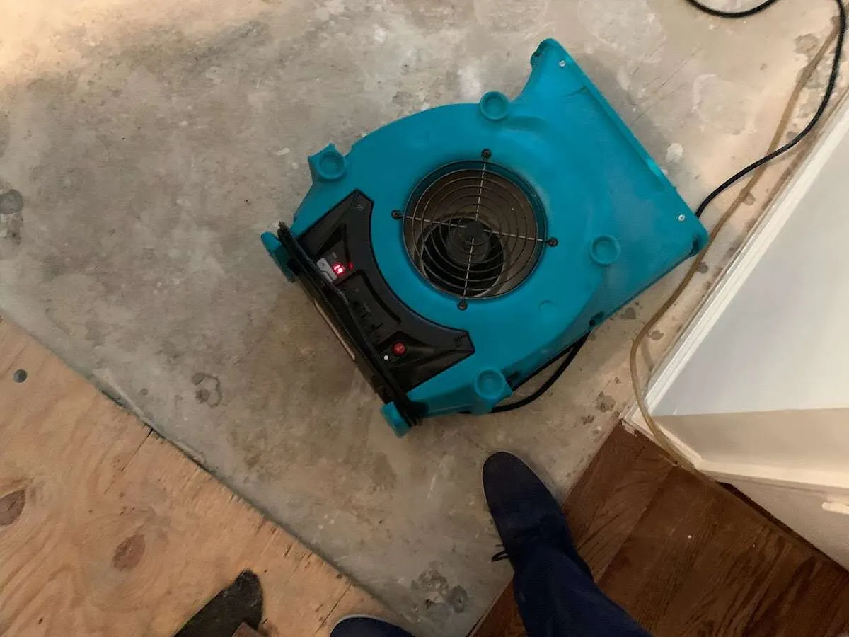 Air mover drying subfloor during Commercial Water Damage Restoration in Seabrook
